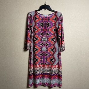 Maggy London Womens 10 Geometric Print Shift Midi‎ Dress 3/4 Sleeve Tribal Boho